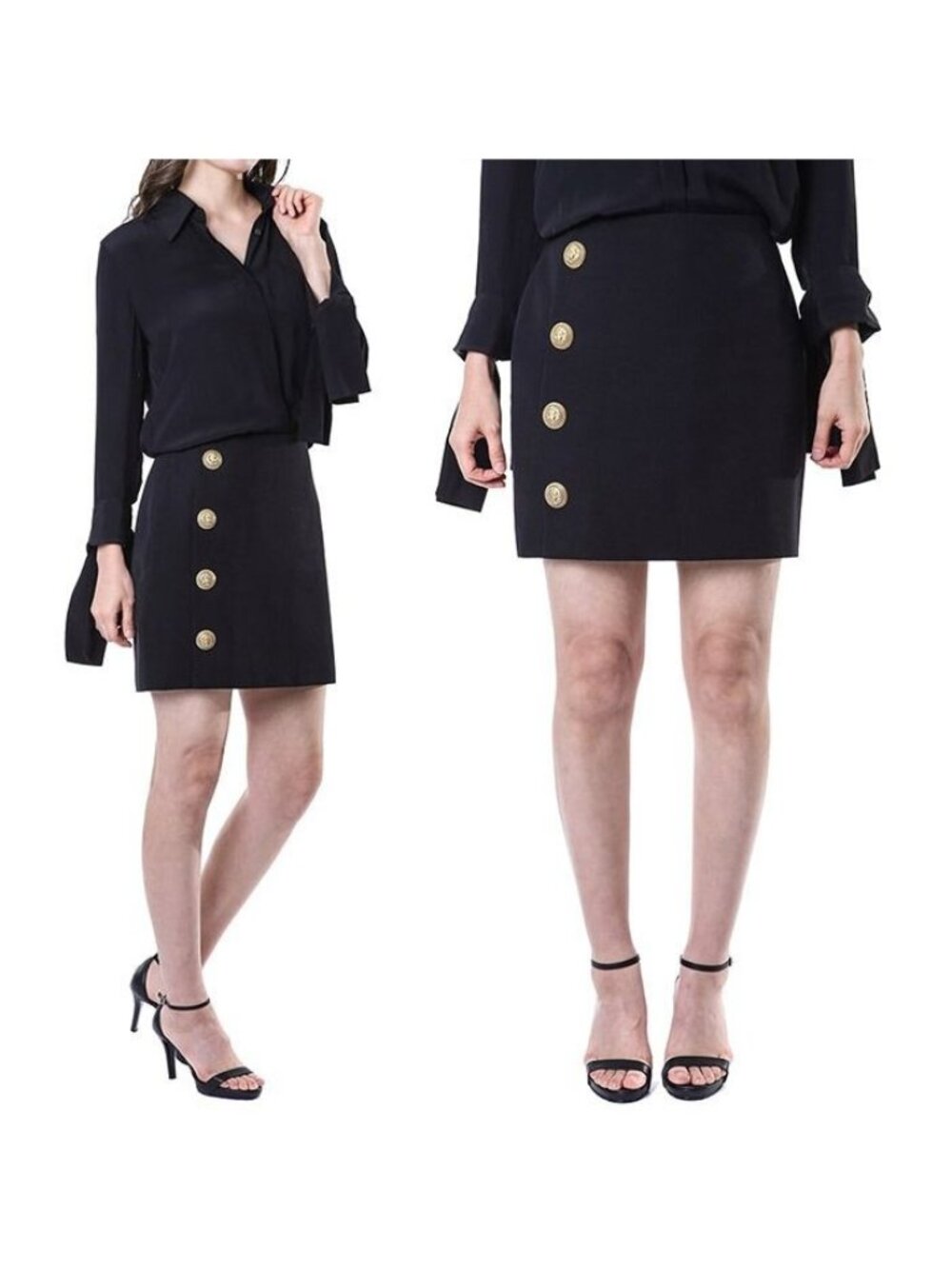Balmain Paris Gold Lion Volume Button Virgin Wool Skirt Black Size 44 NWT